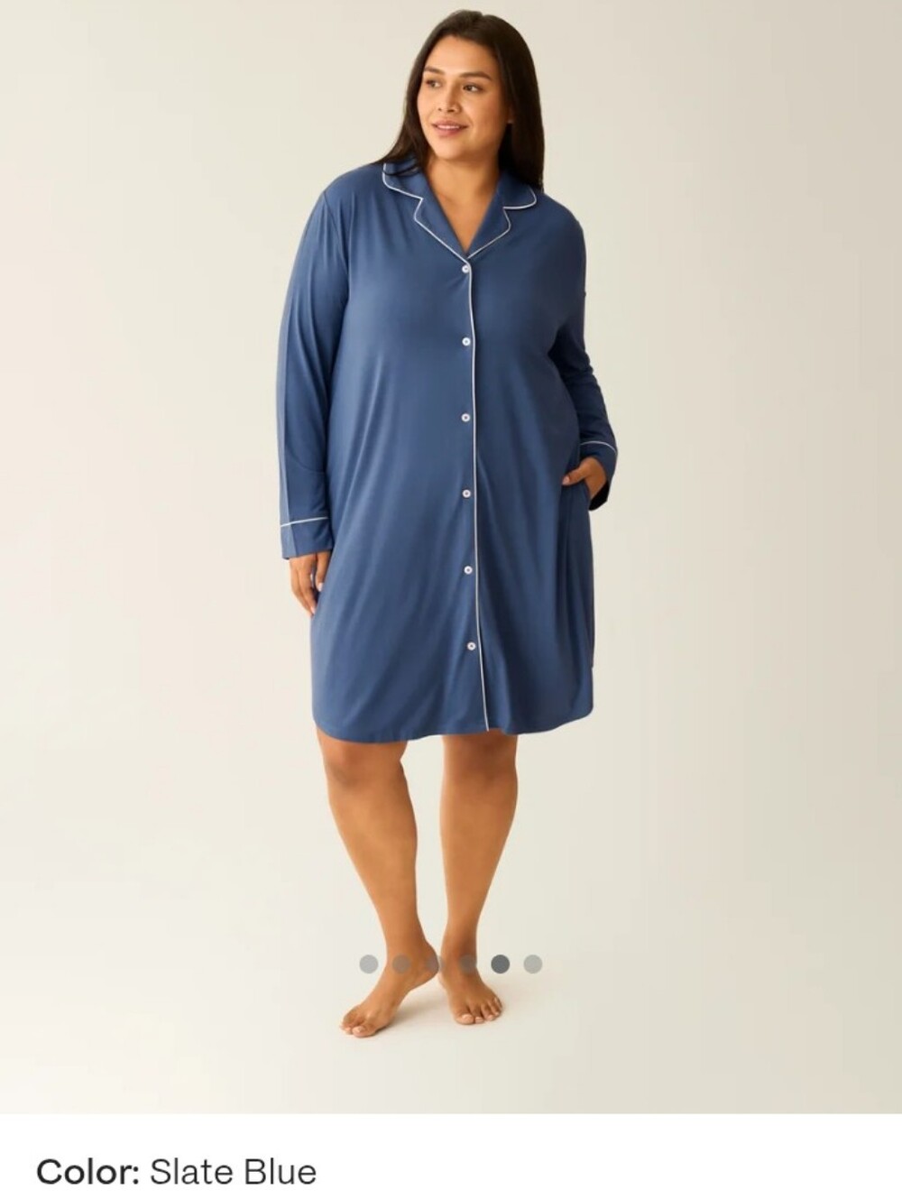 Kindred Bravely Bamboo Slate Blue Button-Front Clea Nightshirt with White Piping